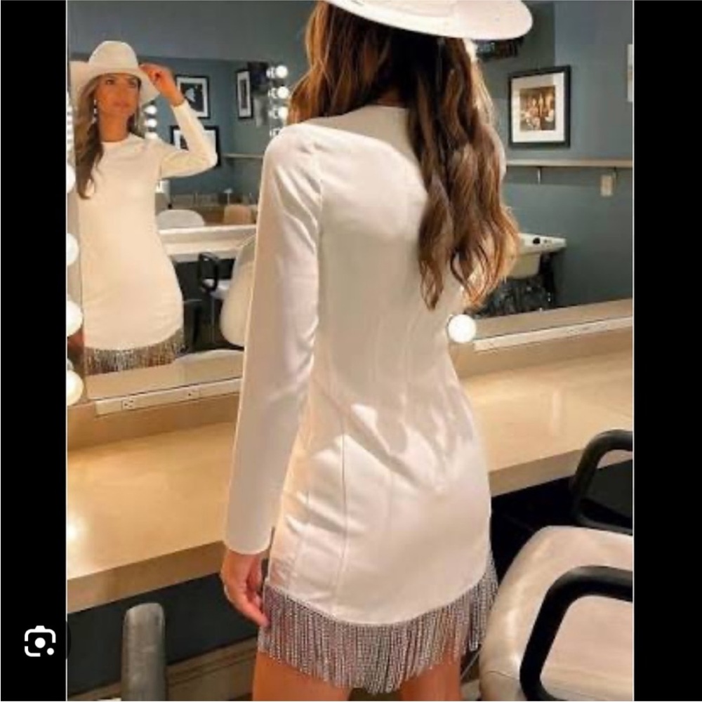 NWT Gianni Bini Sage Rhinestone Fringe Crew Neck Long Sleeve Crepe Dress - Picture 15 of 16